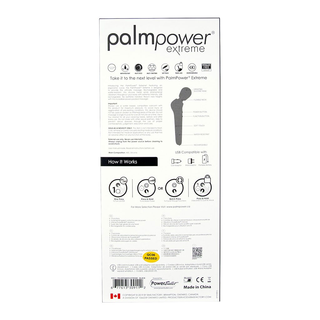 Palm Power - Extreme Wand Massager Zwart achterkant verpakking