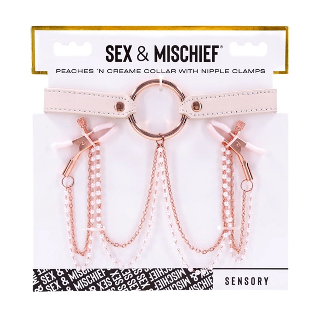 Sex & Mischief – Peaches ‘n CreaMe Halsband met Tepelklemmen verpakking